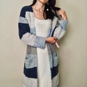 Anthropologie Pepin Cozy Blue and Gray Color Block Striped Cardigan